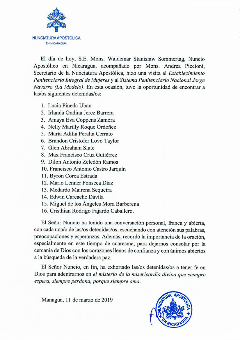 Comunicado de la Nunciatura Apostólica de Nicaragua
